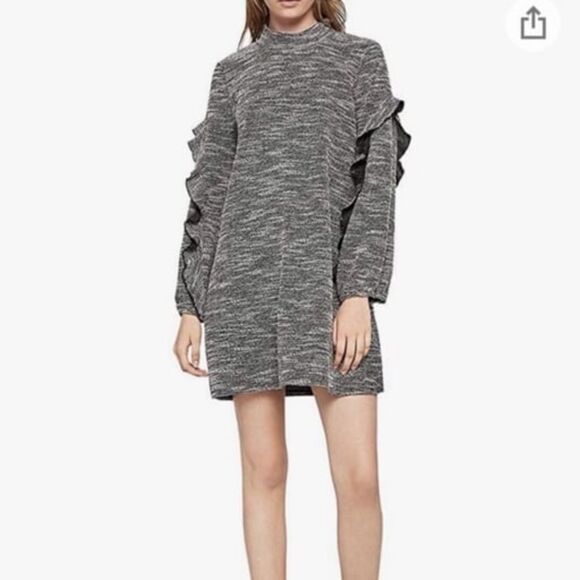 BCBGeneration Black/White Tweed Mini-Dress, Mock Turtleneck, Ruffle Sleeves, Med - Picture 1 of 11